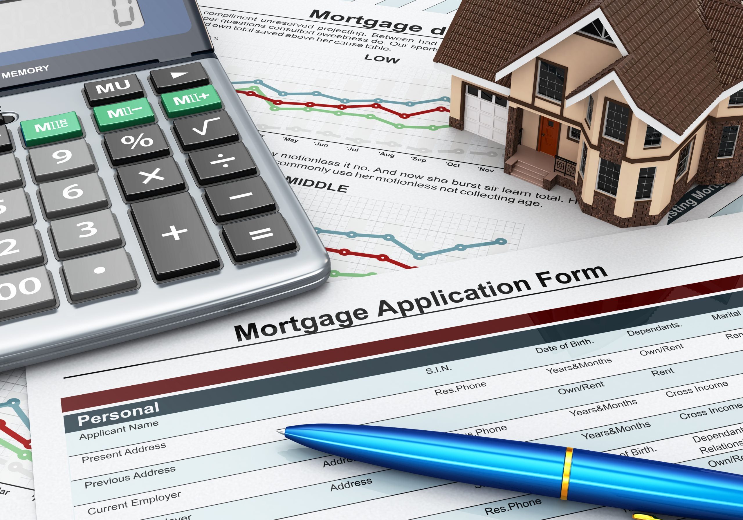 Mortgage,application,form,with,a,calculator,and,house.,3d